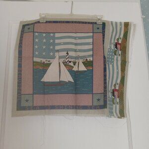 Country Folk Art Sailboats Ocean Scene Fabric Panel Vintage Retired fabric 22 in